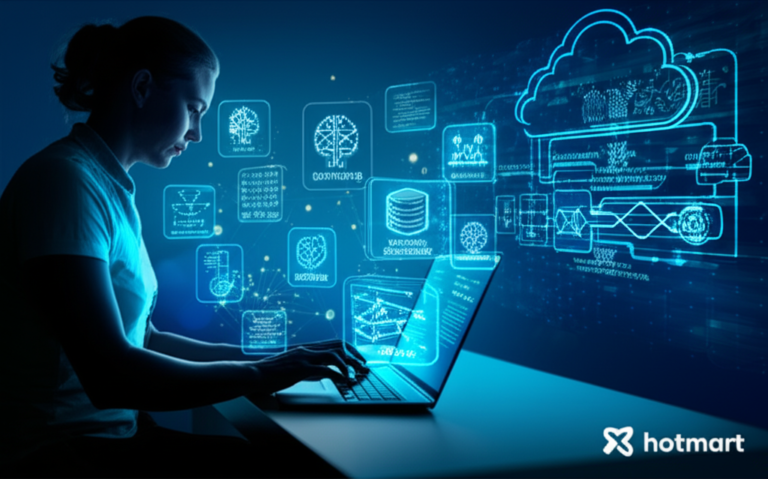 Além do Código: Seu Setup Essencial para Engenharia de IA Real 6 https://www.comprasdigitais.com.br/acesso-ao-curso/page/98/ Ilustração de desenvolvedor construindo sistemas de IA generativa com LLMs, RAG e pipelines de dados.