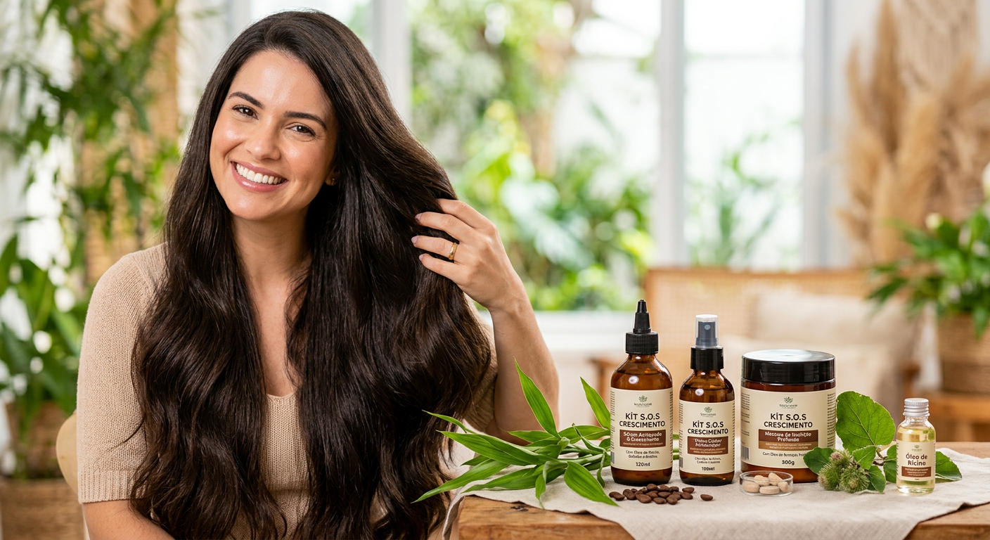 Mulher sorridente com cabelo volumoso e brilhante, com o Kit S.O.S Crescimento e ingredientes naturais em destaque.