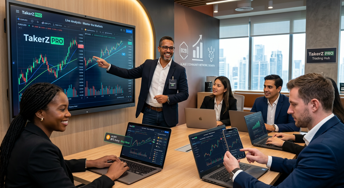 Grupo diverso de traders interagindo em comunidade online com gráficos de Forex/Cripto, app TakerZ PRO e mentor.