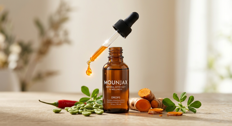 Cuidado: Não compre o Mounjax sem entender este detalhe técnico 6 https://www.comprasdigitais.com.br/suplementos/page/7/ Frasco de Mounjax em gotas, com um pingo dourado suspenso no conta-gotas, cercado por café verde, cúrcuma e pimenta, simbolizando a fórmula natural para emagrecimento.