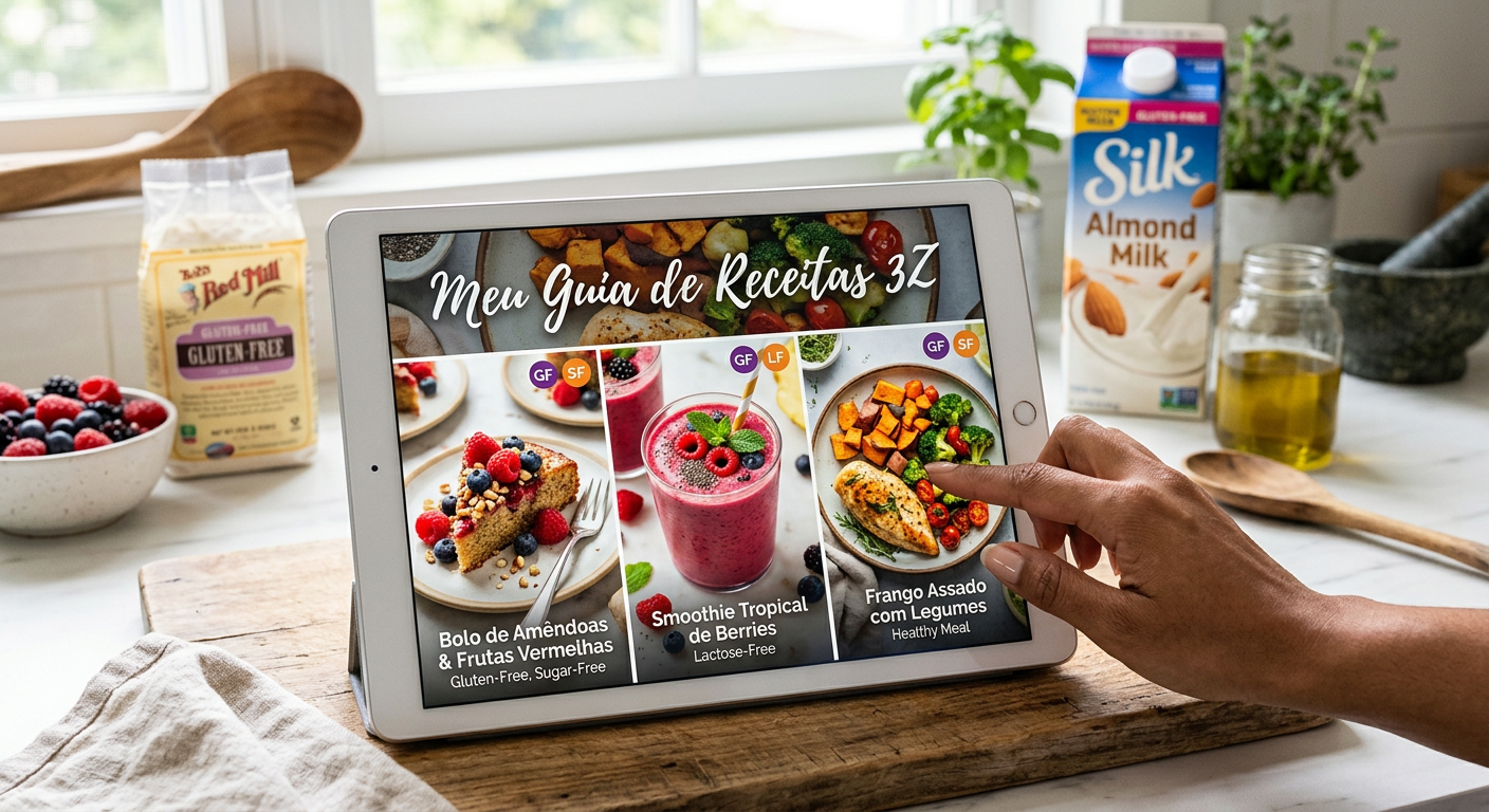 Tablet exibindo a capa e receitas do ebook 'Meu Guia de Receitas 3Z', com pratos sem açúcar, glúten e lactose em destaque.