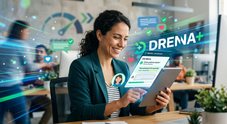 Suporte do DRENNA+: Testamos o tempo de resposta real e a solução 3 https://www.comprasdigitais.com.br/suplementos/page/7/ Cliente feliz recebendo suporte online rápido e eficiente para o produto DRENNA+ em um tablet.