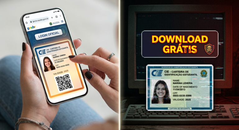 Imagem dividida contrastando o acesso seguro à Carteira de Identificação Estudantil (CIE) via login oficial, com uma versão digital autêntica, e a armadilha de um 'download grátis' falso e arriscado, alertando contra golpes e fraudes.