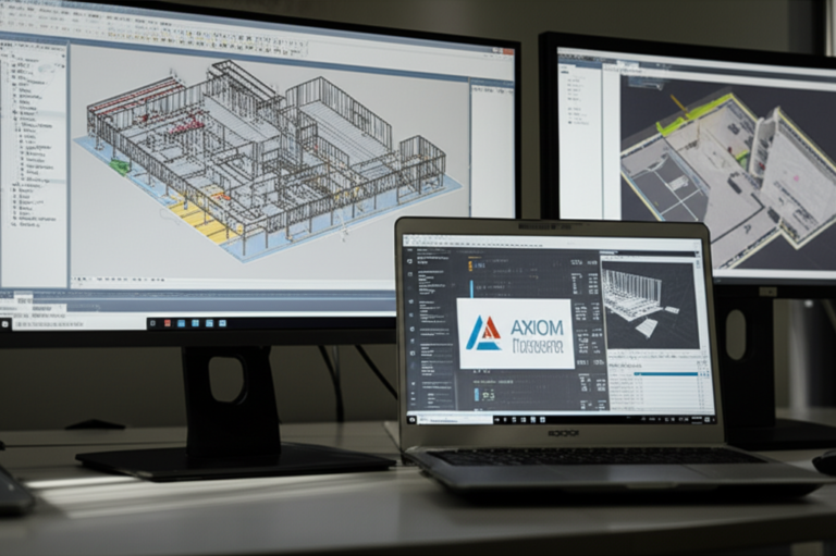 Revit Axiom: O que você investe para construir seu BIM. 5 https://www.comprasdigitais.com.br/acesso-ao-curso/page/98/ Estação de trabalho com Revit 2025 exibindo modelo 3D, cronograma 4D, tabela 5D e visualização de clash detection no Navisworks, ao lado de laptop com especificações de hardware recomendadas para a formação Axiom.