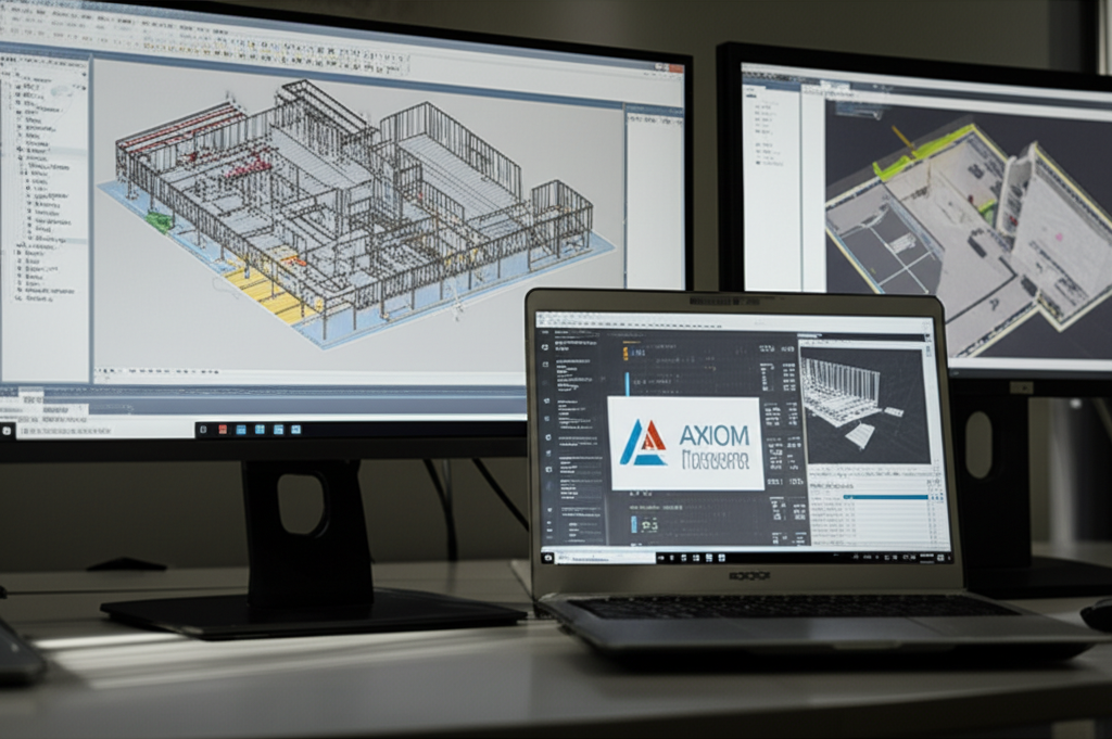 Estação de trabalho com Revit 2025 exibindo modelo 3D, cronograma 4D, tabela 5D e visualização de clash detection no Navisworks, ao lado de laptop com especificações de hardware recomendadas para a formação Axiom.
