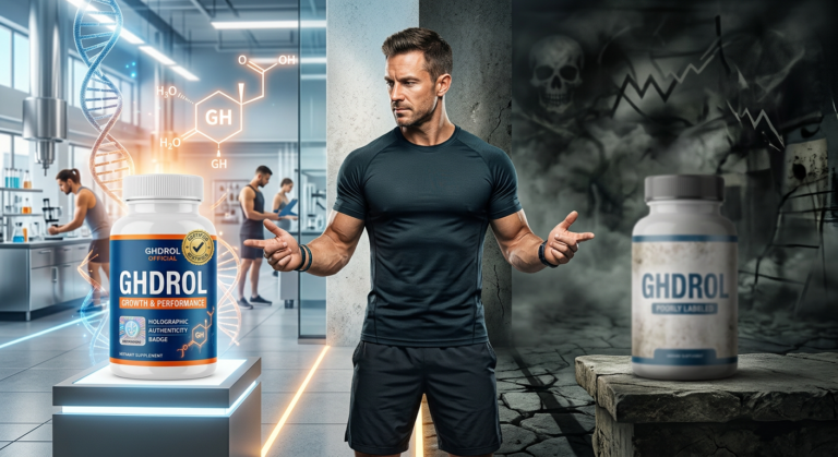 Comparação visual de um frasco de GHDROL original versus um frasco falsificado, destacando a importância da compra oficial para segurança e eficácia no ganho de massa muscular.