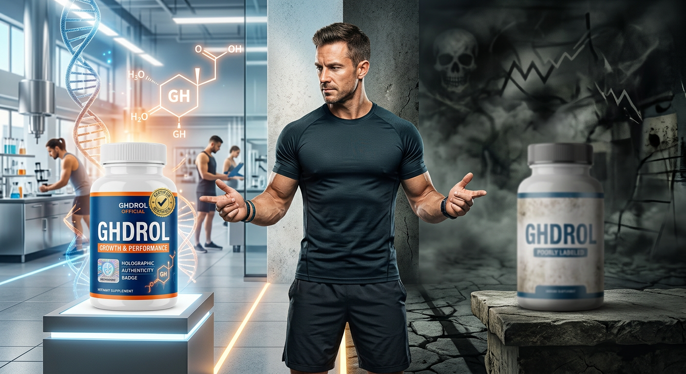Comparação visual de um frasco de GHDROL original versus um frasco falsificado, destacando a importância da compra oficial para segurança e eficácia no ganho de massa muscular.