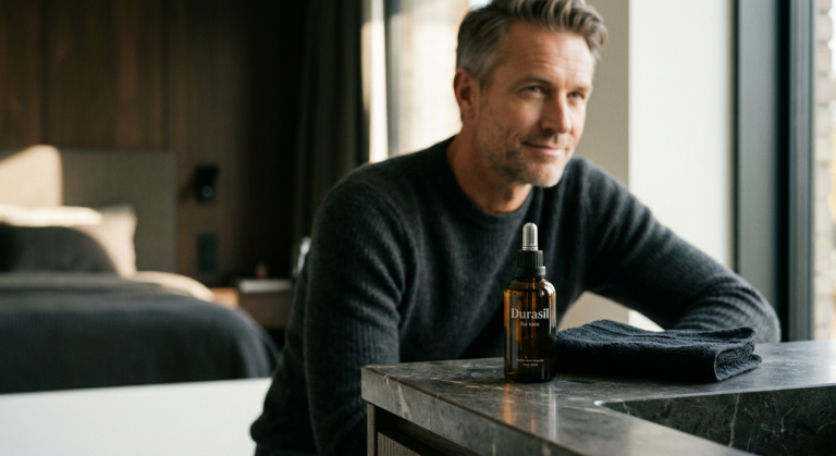Frasco elegante do sérum Durasil para homens, com fundo desfocado de um homem confiante e satisfeito, simbolizando controle ejaculatório e virilidade.