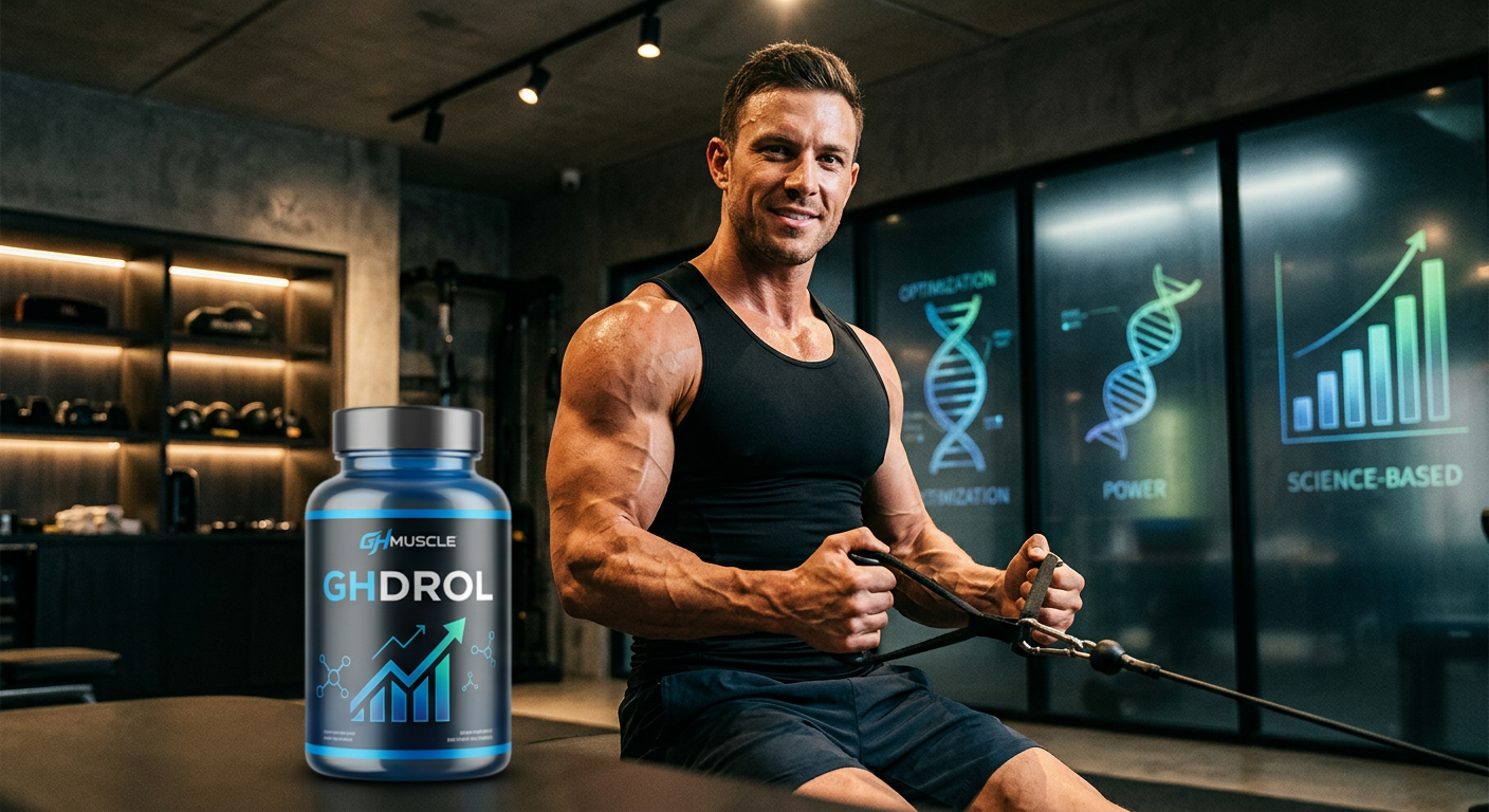 Homem musculoso e definido usando GHDROL GHMUSCLE, representando ganho rápido de massa muscular e performance natural.