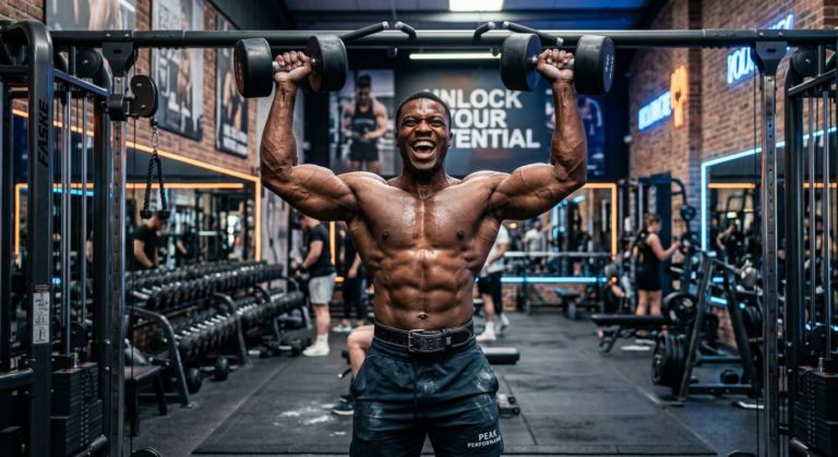 Homem musculoso e definido na academia, exibindo ganho de massa muscular e força após usar GHDROL.