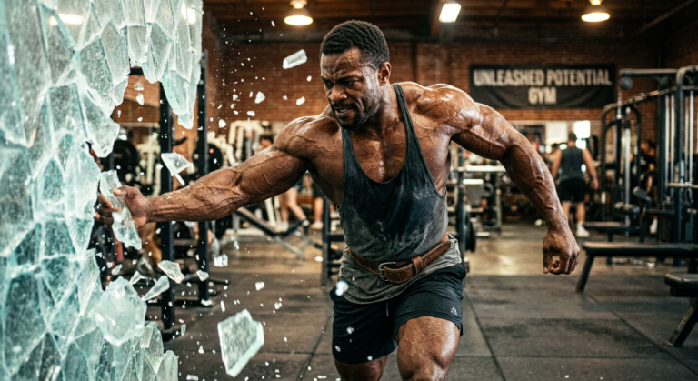 Homem musculoso e definido quebrando uma barreira transparente, simbolizando a superação de um platô de treino e ganhos explosivos de massa muscular com GHDROL.