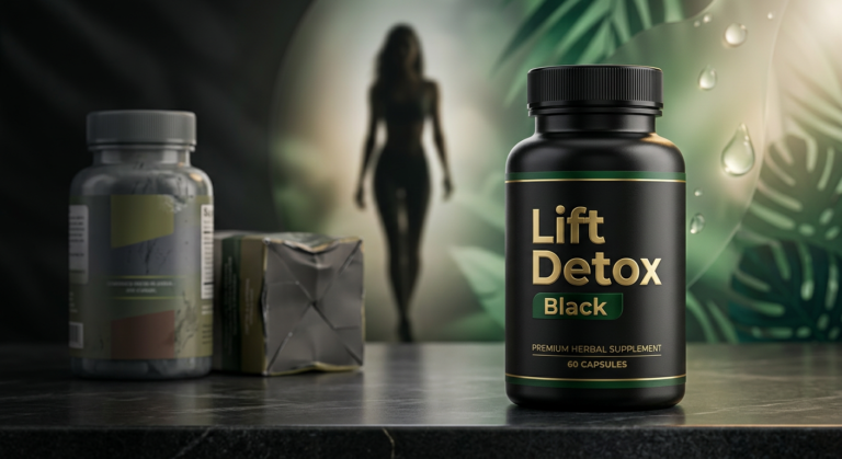 Comparação visual entre o Lift Detox Black original, que transmite confiança, e uma versão falsificada, que representa perigo, com foco no frasco do produto.