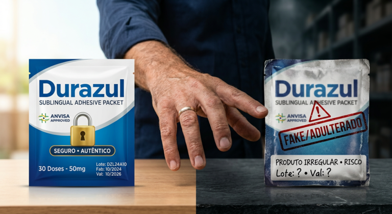 Durazul: A Compra Oficial vs. O Risco da Falsificação Barata 9 https://www.comprasdigitais.com.br/suplementos/page/5/ Comparação visual entre o produto Durazul original com selo Anvisa e uma versão falsificada, representando a decisão de compra segura.