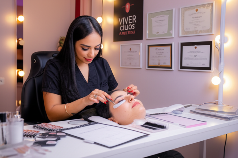 Viver de Cílios Plano Start é Bom? Vale a pena começar na estética agora? 4 https://www.comprasdigitais.com.br/acesso-ao-curso/page/98/ Profissional de estética aplicando extensão de cílios em cliente, representando o curso Viver de Cílios Plano Start.