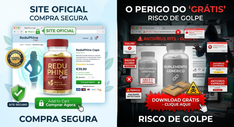 ReduPhine Caps: O Atalho do Login Oficial vs. A Armadilha do Download Grátis 8 https://www.comprasdigitais.com.br/suplementos/page/5/ Imagem dividida em duas metades: à esquerda, um site oficial seguro de ReduPhine Caps com ícone de cadeado e produto original; à direita, uma página suspeita de 'download grátis' com aviso de perigo e produto genérico.