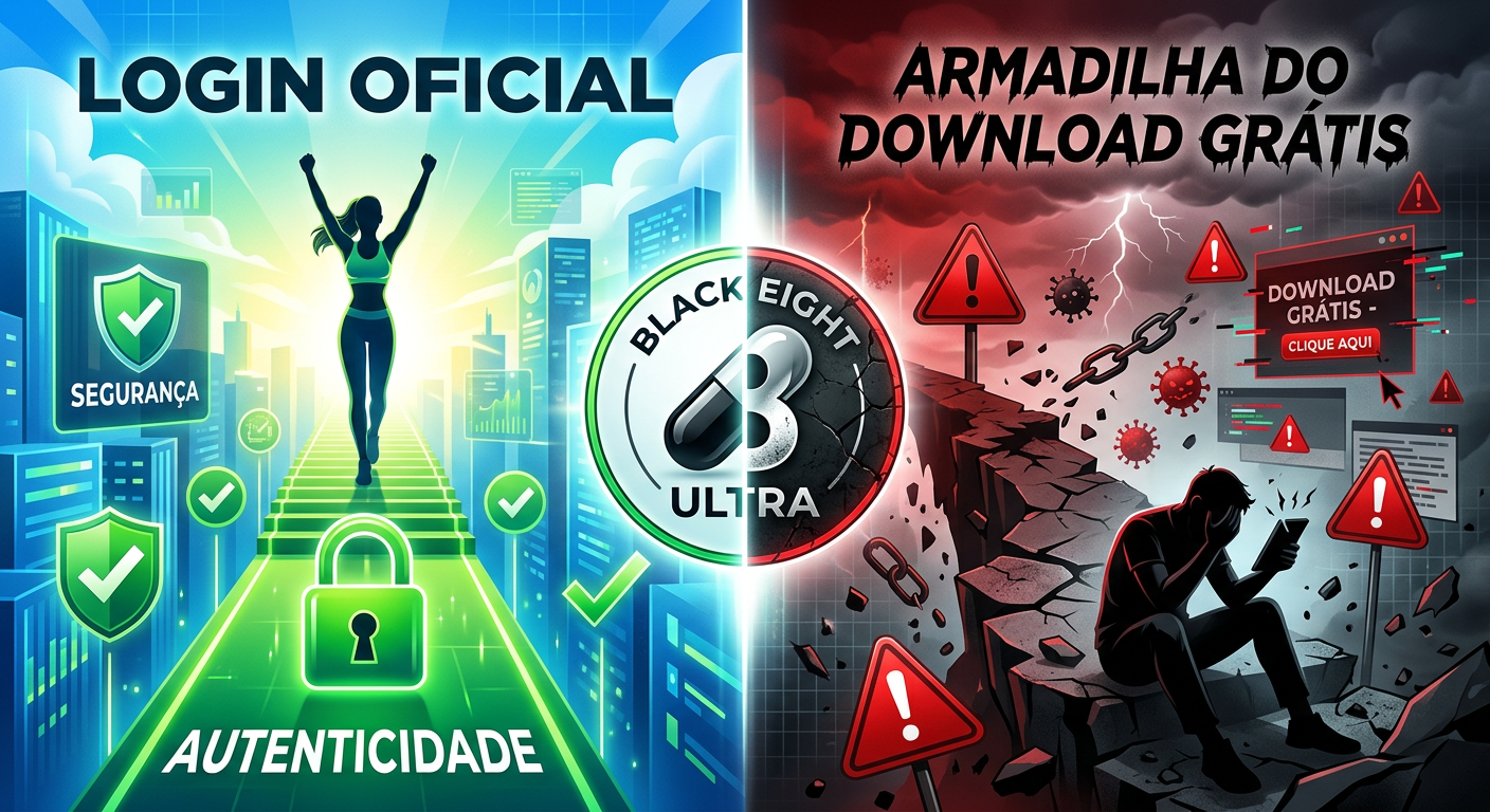 Black Eight Ultra: Caminho seguro do login oficial contrastando com a armadilha de sites falsos e download grátis, símbolos de segurança e risco.