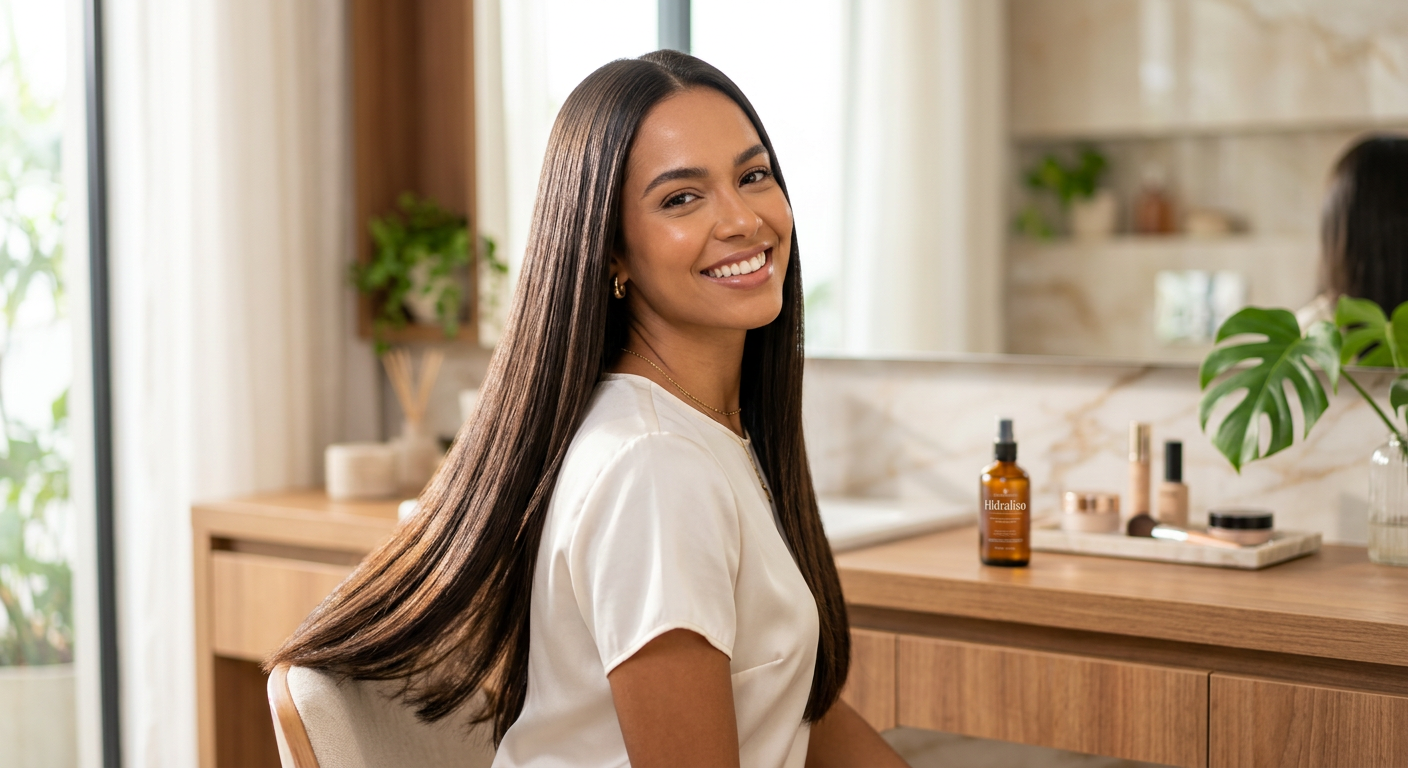 Mulher sorrindo com cabelo liso, brilhante e sem frizz, resultado do uso do Hidraliso em casa.