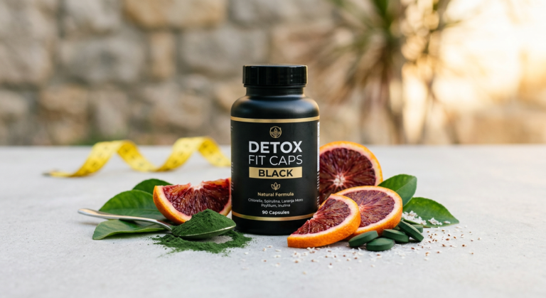 Frasco preto de Detox Fit Caps Black com Laranja Moro, folhas verdes e fita métrica, representando emagrecimento natural e o produto oficial.