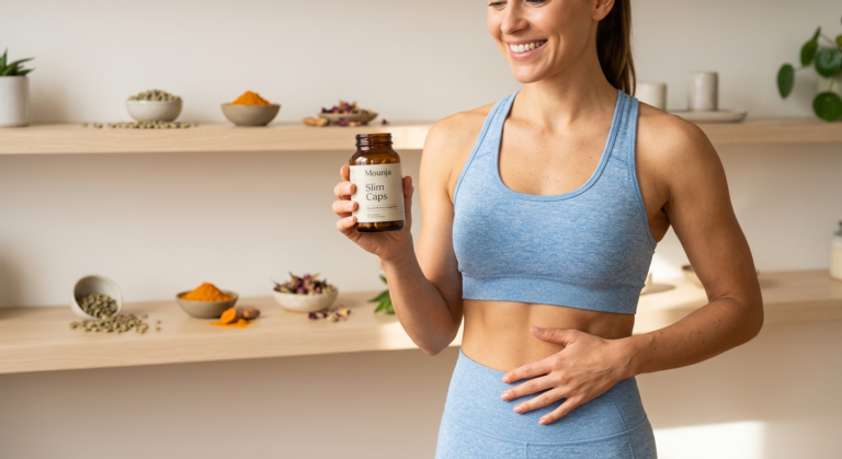 Mulher sorridente com barriga desinchada, segurando Mounja Slim Caps, com ingredientes naturais como café verde e cúrcuma ao fundo, representando emagrecimento e detox.