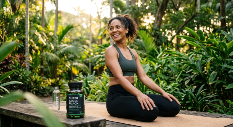 Mulher sorridente e energizada com corpo tonificado em ambiente natural, representando os resultados de emagrecimento, energia e bem-estar do Super Green Black.