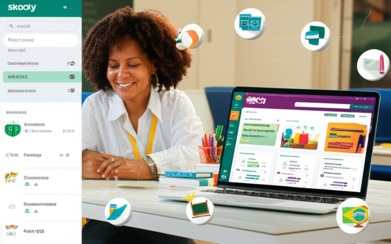 Skooly: IA para Educadores. Otimize e personalize o ensino! 3 https://www.comprasdigitais.com.br/acesso-ao-curso/page/98/ Tela da plataforma Skooly exibindo geração automática de plano de aula por IA, ao lado de professor(a) feliz em sala de aula brasileira.