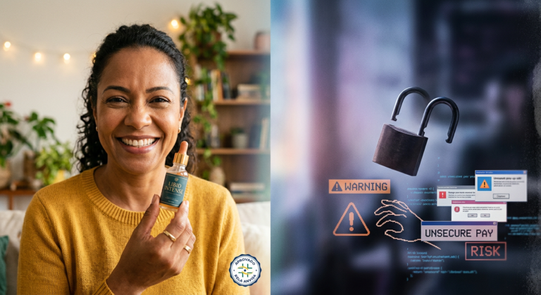 Mulher confiante com frasco de Libid Intense original, em contraste com símbolos de fraude e compra online insegura