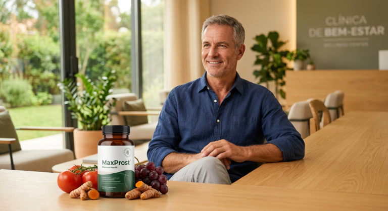 Homem saudável e confiante com MaxProst, representando alívio da próstata e vitalidade masculina.