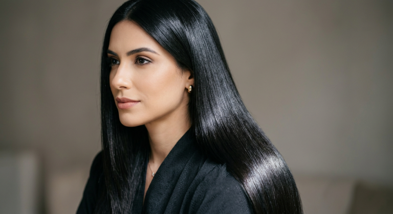 Cabelo liso, brilhante e sem frizz com efeito espelhado, resultado do SMOOTH original da Lizzante.