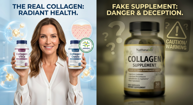 Comparativo entre Collagen Vitta e Collagen Osteo originais Natturabio (mulher radiante, selo ANVISA) e uma cópia falsificada (produto genérico e borrado), alertando sobre fraudes e a importância da compra segura para rejuvenescimento e saúde articular.