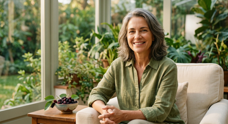 Mulher sorridente e revitalizada de aproximadamente 50 anos, com amoras miúra frescas ao redor, simbolizando alívio natural e bem-estar na menopausa.