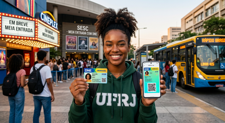 Jovem estudante brasileira segura a Carteira de Estudante DNE 2026 física e mostra a versão digital no celular, com símbolos de cinema, show ou transporte ao fundo.