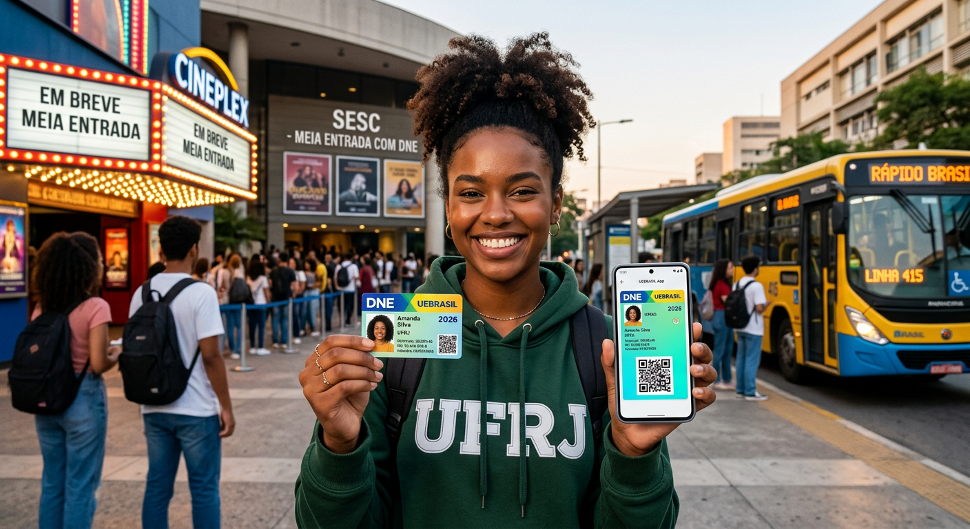 Jovem estudante brasileira segura a Carteira de Estudante DNE 2026 física e mostra a versão digital no celular, com símbolos de cinema, show ou transporte ao fundo.