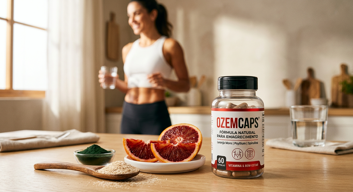 Frasco de Ozemcaps com Laranja Moro, suplemento natural para emagrecimento e detox, comparado ao Ozempic para perda de peso.