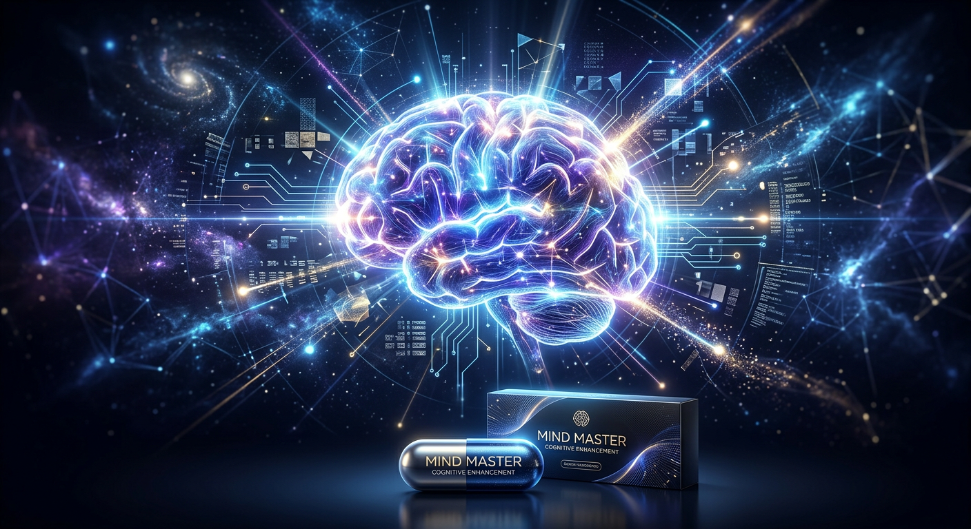 Cérebro humano futurista com circuitos digitais e brilho intenso, simbolizando foco, clareza mental e desempenho cognitivo aprimorado pelo MIND MASTER.