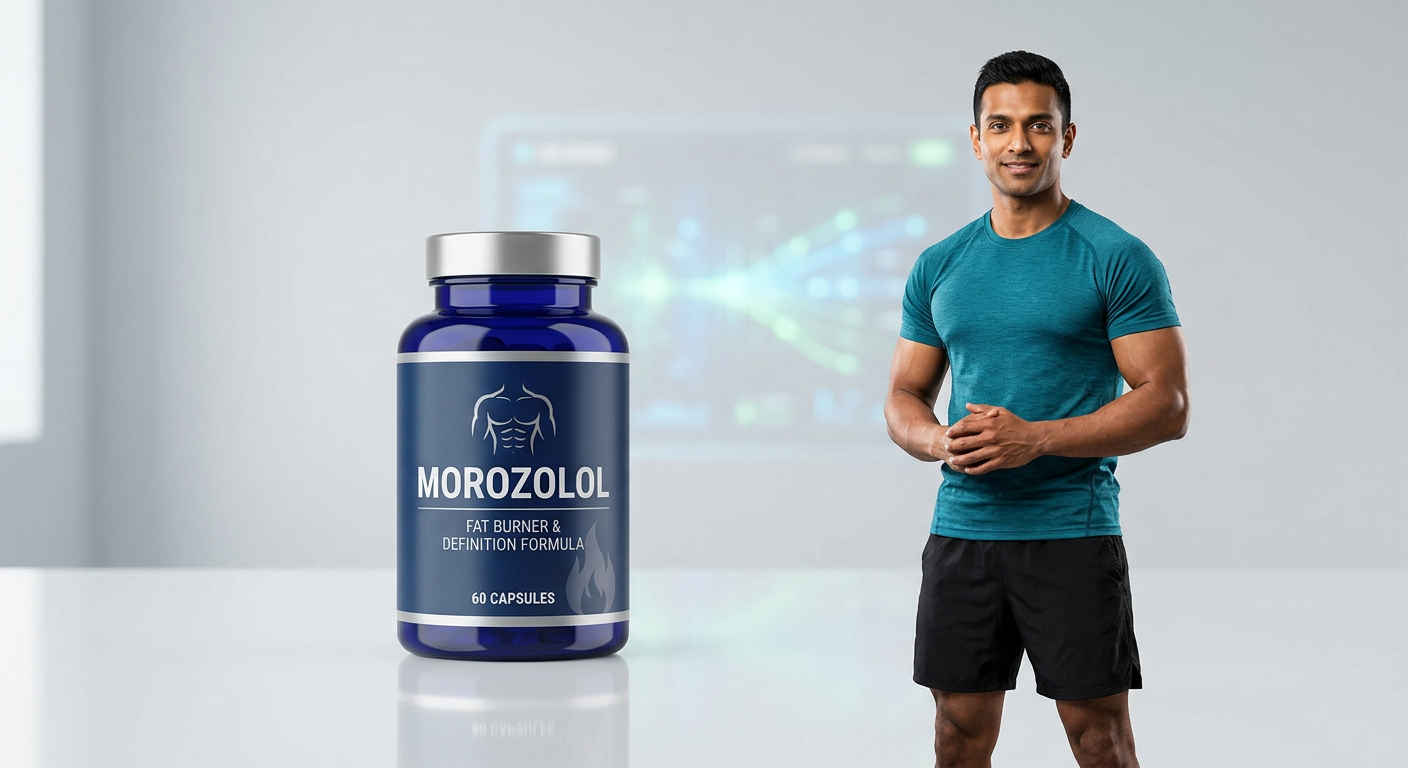 Frasco de Morozolol original posicionado ao lado de uma pessoa com corpo definido e confiante, simbolizando a eficácia e segurança do produto autêntico para emagrecimento.