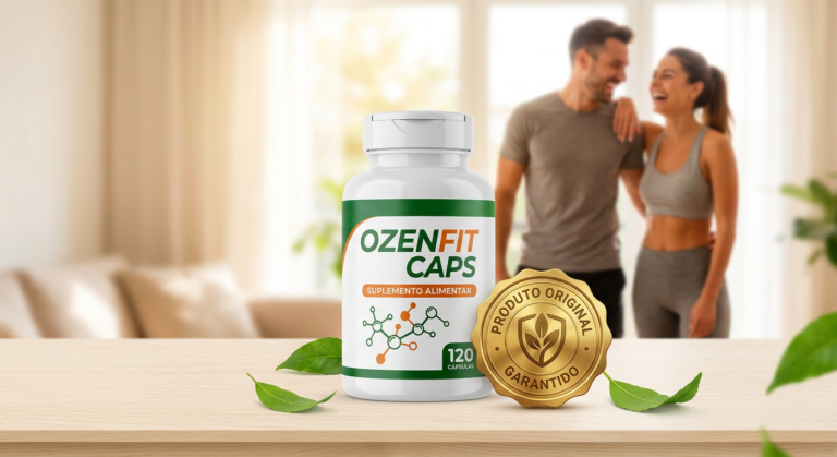 Frasco de Ozenfit Caps original com selo de garantia e pessoas felizes e em forma ao fundo, simbolizando emagrecimento seguro.