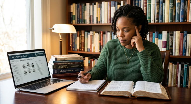 Pessoa estudando teologia online em um laptop com uma Bíblia aberta e livros teológicos, representando o Combo Teológico Avançado do Instituto Metanoia.