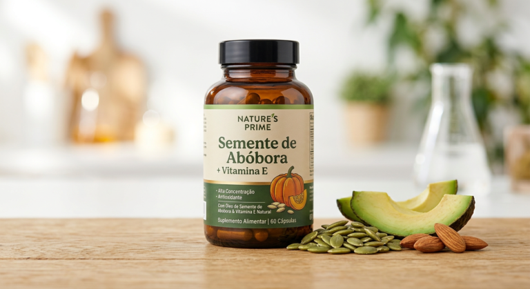 Frasco de Semente de Abóbora + Vitamina E Nature's Prime com cápsulas visíveis, ao lado de sementes de abóbora e elementos que representam vitamina E, em ambiente natural e saudável.