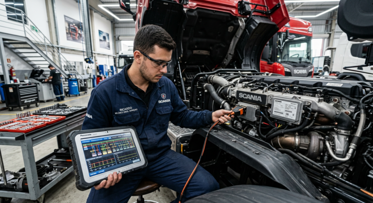 Mecânico especialista usando tablet para diagnóstico eletrônico em motor diesel Euro 6 de caminhão, simbolizando o aprendizado do Curso Mecânico Diesel Euro do Instituto REMOO.