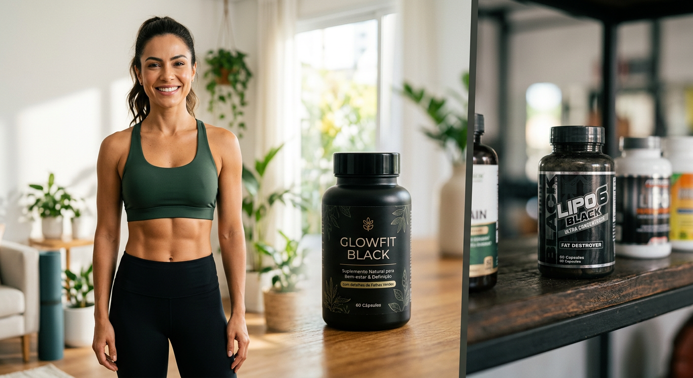 Comparativo visual entre GlowFit Black e Lipo 6 Black, destacando uma mulher confiante e com corpo transformado pelo GlowFit Black, representando emagrecimento natural e autoestima elevada.