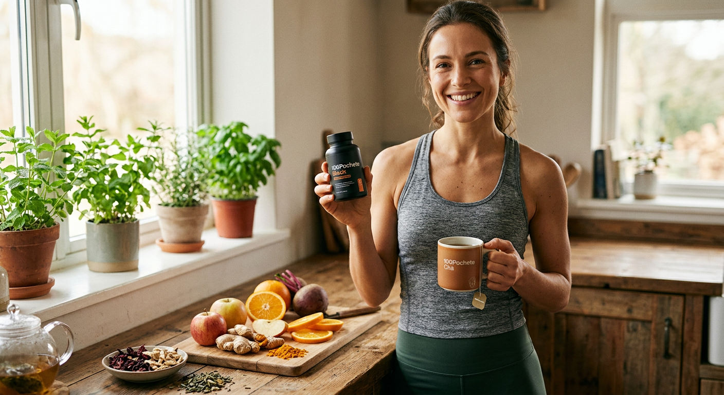 Mulher sorrindo, segurando um frasco de 100Pochete Black (cápsulas) e uma xícara de 100Pochete Chá, em um ambiente natural e saudável, representando emagrecimento e bem-estar.
