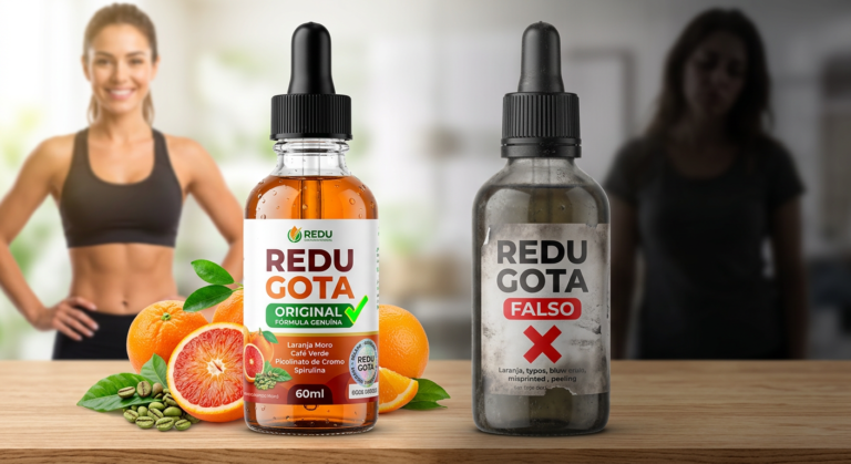 Comparação visual: frasco vibrante e legítimo de Redu Gota original ao lado de um frasco opaco e falso de produto pirata, com mulher emagrecendo ao fundo.