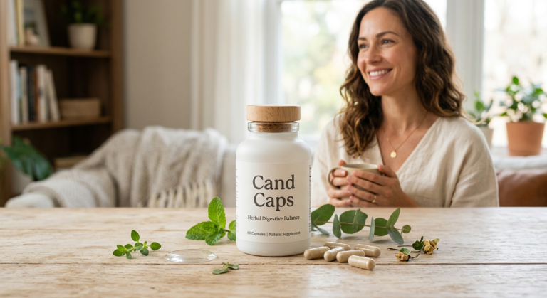 Frasco de Cand Caps e cápsulas, com mulher feliz e elementos naturais, simbolizando o tratamento interno da candidíase.