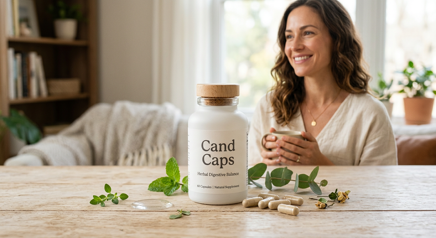 Frasco de Cand Caps e cápsulas, com mulher feliz e elementos naturais, simbolizando o tratamento interno da candidíase.
