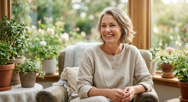 Mulher sorridente e revigorada de 50 anos, simbolizando o bem-estar e o alívio natural dos sintomas da menopausa alcançados com Ameno Life.