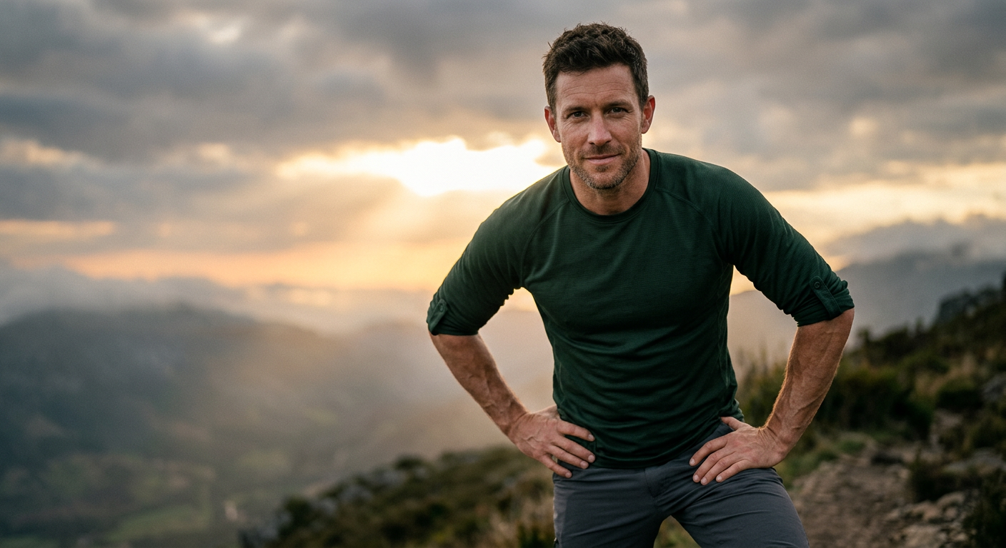 Homem confiante e viril, com energia e vitalidade, representando os benefícios de Super Power Man para o desempenho masculino.