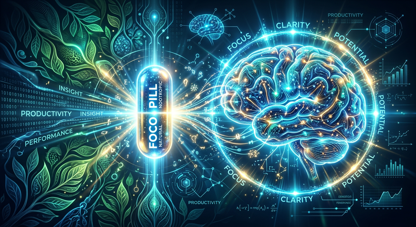 Cápsula de Foco Pill brilhante conectada a um cérebro estilizado com alta atividade neural, simbolizando foco e inteligência.