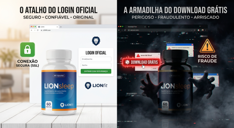 LIONsleep original vs. falsificado: Lado esquerdo mostra frasco autêntico em ambiente seguro; lado direito mostra frasco falso em ambiente de risco.