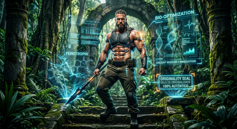 Homem musculoso e definido com físico de guerreiro, simbolizando a força e vitalidade de Fenotropin original, com feno-grego e tecnologia.