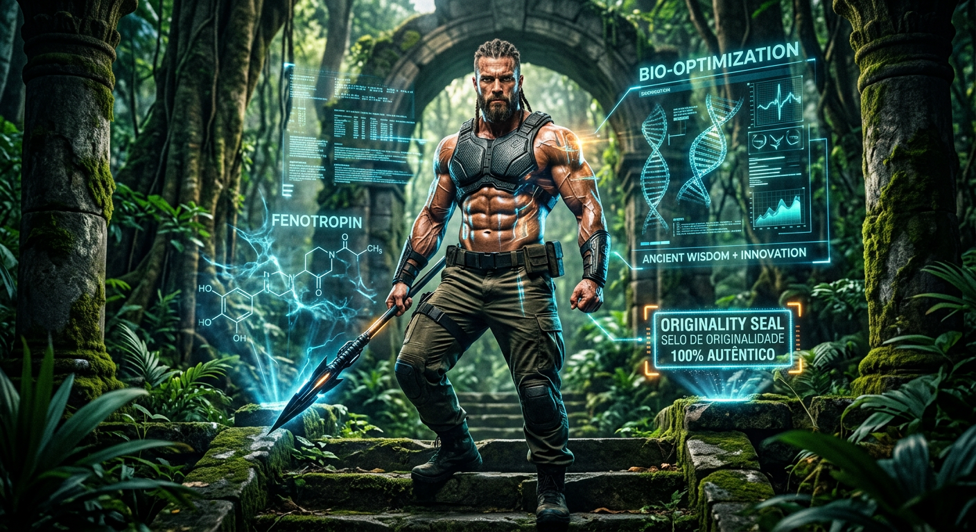 Homem musculoso e definido com físico de guerreiro, simbolizando a força e vitalidade de Fenotropin original, com feno-grego e tecnologia.